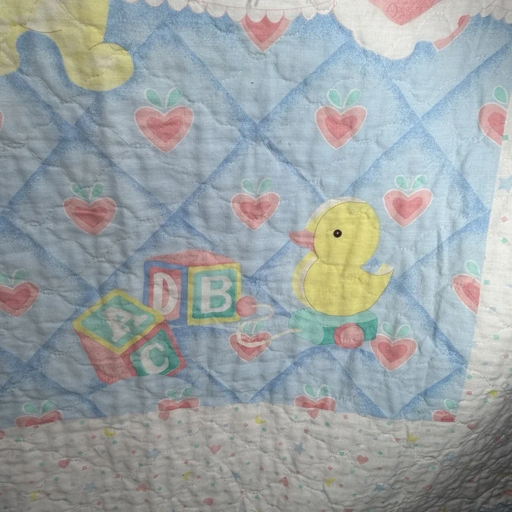 VTG Baby Crib Quilt Blanket‎ Blue Bear Elephant Duck Hearts Boys Nursery Decor
